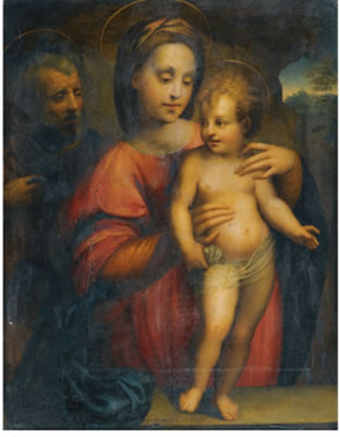 Domenico Bartolomeo Ubaldini il Puligo : HOLY FAMILY, WITH THE MADONNA SUPPORTING THE STANDING CHRIST CHILD ON A STONE LEDGE