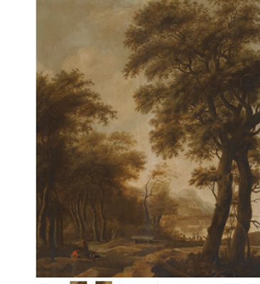 Anthonie Waterloo : FIGURES IN A WOODED RIVER LANDSCAPE; FIGURES BY BUILDINGS IN A CLASSICAL LANDSCAPE