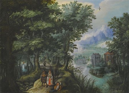 Antoine Mirou : A RIVER LANDSCAPE WITH ELEGANT FIGURES ON A PATH, A VILLAGE ON THE FAR BANK