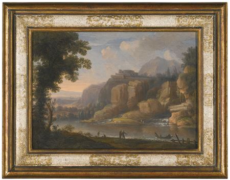 Christoph Ludwig Agricola : A ROCKY RIVER LANDSCAPE WITH FIGURES AND A FISHING BOAT BY A WATERFALL; A WOODED RIVER LANDSCAPE WITH TRAVELLERS ON A PATH CROSSING A BRIDGE