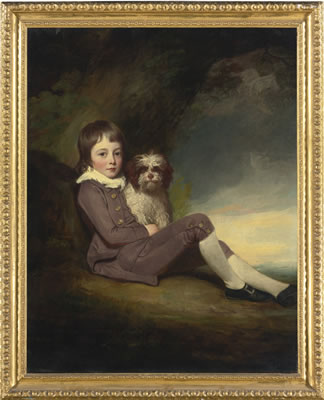 George Romney : PORTRAIT OF GEORGE, LORD BROOKE (1772-1786), SON OF GEORGE GREVILLE, 2ND EARL OF WARWICK, WITH A DOG