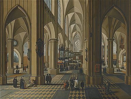 Pieter Neefs II : INTERIOR OF A GOTHIC CHURCH WITH FIGURES ATTENDING MASS