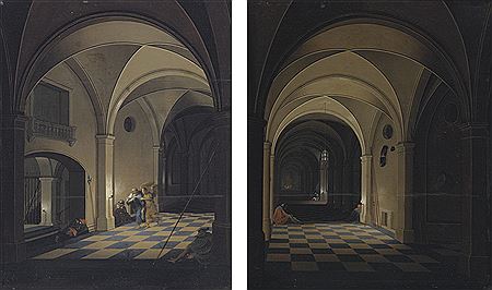 Pieter Neefs II : INTERIOR OF A PRISON WITH SLEEPING GUARDS, ST. PETER BEYOND; INTERIOR OF A PRISON WITH SAINT PETER FLEEING WITH THE ANGEL (2)