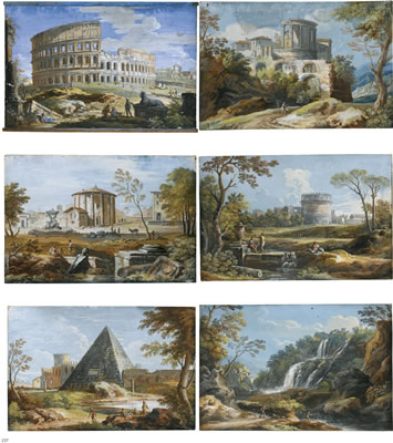 Giovanni Battista Busiri : SIX ROMAN VIEWS: THE COLOSSEUM; THE TEMPLE OF VESTA AT TIVOLI; THE WATERFALLS AT TIVOLI; THE PYRAMID OF CAIUS CESTIUS; THE TEMPLE OF VESTA IN ROME; THE TOMB OF CAECILIA METELLA (6)