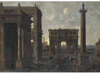 Alessandro Saluzzi : CAPRICCIO ARCHITETTONICO CON ARCO TRIONFALE