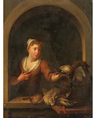 Louis Moni : A GAME SELLER, HOLDING A MALLARD DRAKE, AT A WINDOW, TOGETHER WITH A BASKET AND OTHER DUCKS AND RABBITS ON A STONE LEDGE