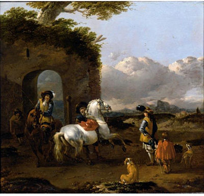 Jan Frans Soolmaker : ITALIANATE LANDSCAPE, WITH CAVALIERS AND THE HORSES BEFORE SOME RUINS