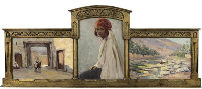 Marcel Canet : ORIENTALIST TRIPTYCH, THREE OILS ON PANEL, ONE SIGNED. MOST PROBABLY VIEWS OF ALGERIA AND AN ALGERIAN YOUNG GIRL