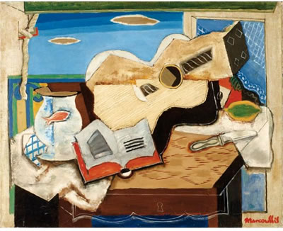 Louis Marcoussis : BOCAL AU POISSON, LIVRE, GUITARE DEVANT LE BALCON