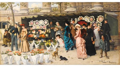 Ladislaus Bakalowicz : FLOWER MARKET SCENE AT THE MADELEINE IN PARIS