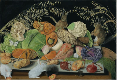 Adolf Dietrich : STILL LIFE WITH VEGETABLES, MICE AND RABBITS, 1928