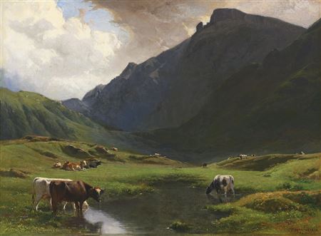 Albert De Meuron : PAYSAGE ALPIN AVEC DES VACHES ET DES CHÈVRES, 1859