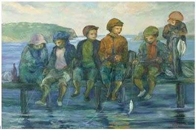 Amos Archibald Langdown : Children Fishing in the Knysna Lagoon