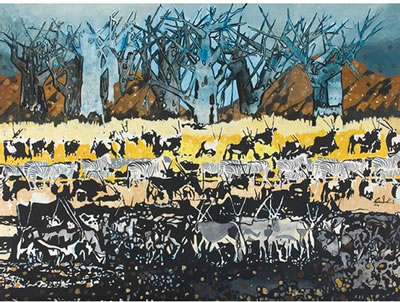 Gordon Frank Vorster : Gemsbok and Zebra in a Winter Landscape