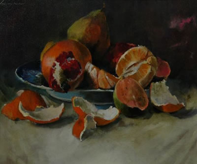 Louis Van Heerden : STILL LIFE WITH ORANGES AND POMEGRANATES