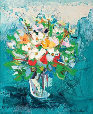 George Boys : FLORAL STILL LIFE WITH A BLUE BLACKGROUND