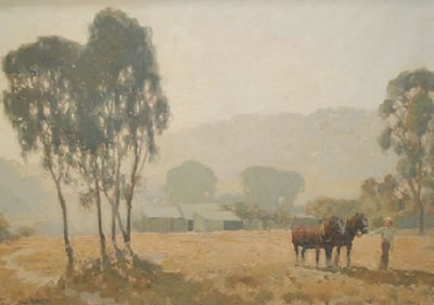 Gustav Adrian Barnes : Australian Landscape with Heavy Horses being led to Field