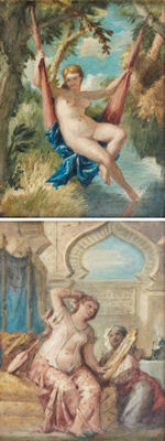 Celestin Francois Nanteuil : Femme nue se balançant; scène de harem