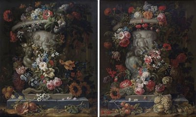 Gaspar Pieter Verbruggen II : Vases sculptés décorés de guirlandes de fleurs (Pair)