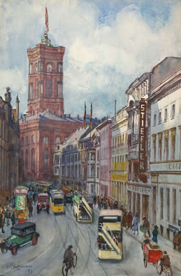 Carl Langhammer : SPANDAUER STRASSE MIT BLICK AUF DAS ROTE RATHAUS