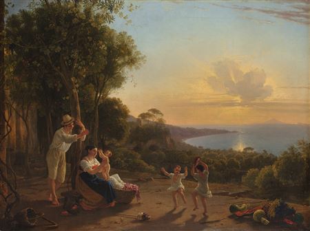 Franz Ludwig Catel : „Familienszene mit tanzenden Kindern bei Sonnenuntergang am Golf von Neapel mit Blick auf die Insel Capri'