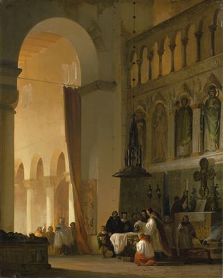 Friedrich Carl Mayer : Taufe eines Kindes vor dem Seitenaltar einer Basilika