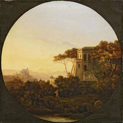 August Christian Geist : Italian landscape. a) View from a hill on the riverdale at sunset. b) View on a Castell above the riverdale at sunset. (pair)