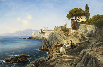 Ascan Lutteroth : By the waterfront off Sturla near Genua. Laundresses by a well by the coast