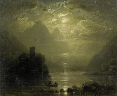 August Seidel : Moonlight over Lake Geneva with the Chateau Chillon.