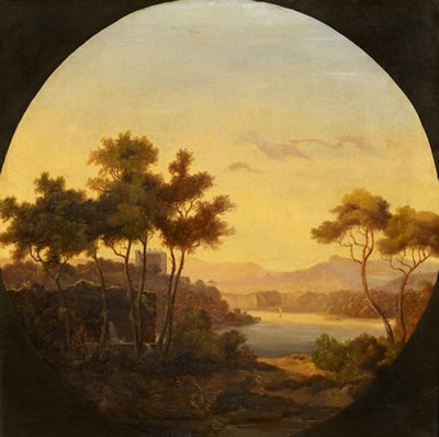 August Christian Geist : Italian Landscapes a) View from a Hill onto a Riverscape at Sunset AND b) View onto a Castell above a Riverscape at Sunset