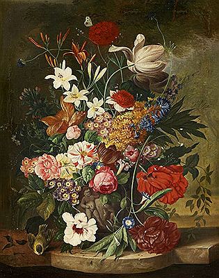 Franz Xaver Pieler : Large Floral Still Life with Insects and a Chickadee.