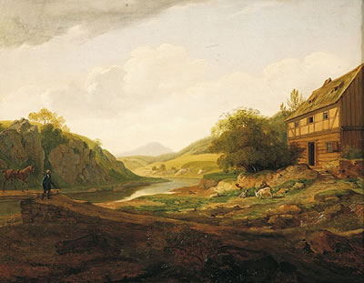 Antonin Manes : Scenery with river and house