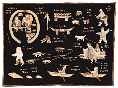 Annie Niviaxie : A monumental wall hanging in the southern Nunavik (Arctic Quebec) style, depicting traditional camp and hunting life, ca. mid-1970s