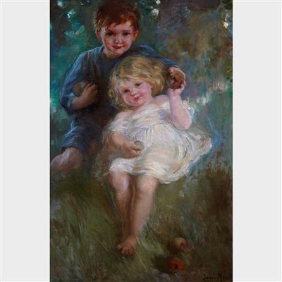 Laura Adeline Muntz-Lyall : PORTRAIT STUDY OF TWO CHILDREN IN AN ORCHARD