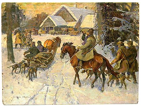 Julius Stabiak : Sportsmen on foot, on horseback and in sleighs preparing to hunt wild pigs in winter