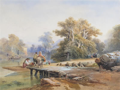 Richard Principal Leitch : An Italianate landscape with a couple boarding a boat from a jetty