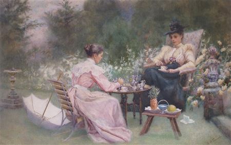 Maud M Turner : Ladies taking tea in a garden