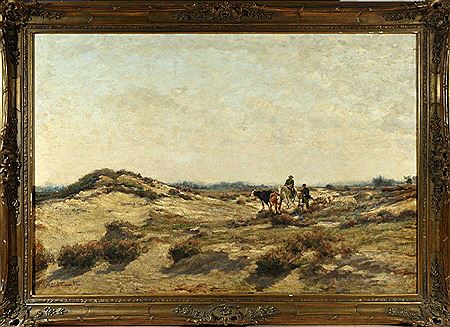 August Schluter : 'Schäfer mit Herde und Bauer zu Pferd in weiter, karger Landschaft'