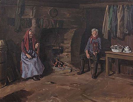 Robert Taylor Carson : Cottage Interior with Fiddler and Old Woman by the Fire