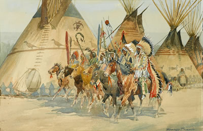 Edward (John Edward) Borein : Indian Chiefs Carrying Ceremonial Standard, Riding Past Wigwams