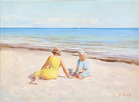 Kaj Holst : Summerday, a mother and daughter on the beach