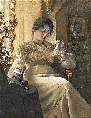 Christian Clausen : Interior with a young melancholic woman with her needlework.