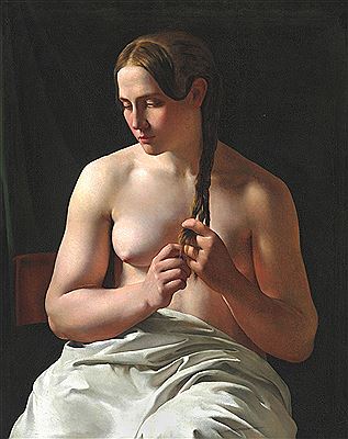 Ludvig August Smith : The model Catrine Nielsen, called Trine, is plaiting her hair.