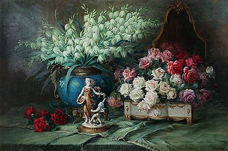 Julien Stappers : Still life with flowers, including white and red roses and porcelain group.