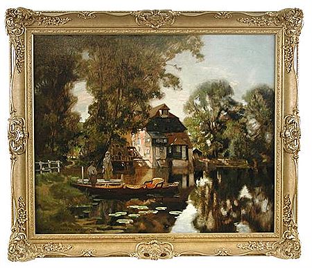 John Lochhead : Houghton Mill, Huntingdon, with a couple punting in the foreground