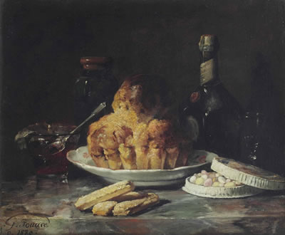 Guillaume Romain Fouace : A bundt cake, a glass bowl with confiture, a bottle of Dom Benedictine liqueur and a tin of pastilles and éclairs