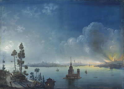 Carlo Bossoli : Constantinople - a view across the Bosphorus towards Leander's Tower by night