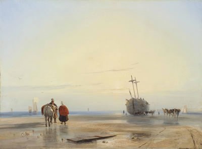 Richard Parkes Bonington : A COASTAL LANDSCAPE WITH FISHERFOLK, A BEACHED BOAT BEYOND