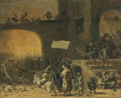 Cornelis Saftleven : A hoard of creatures with the Seven Deadly Sins, before a tavern