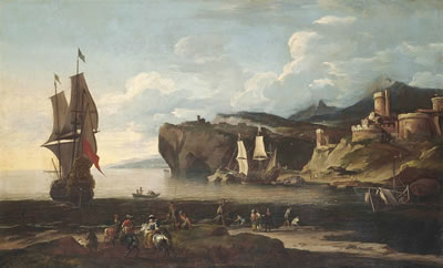 Adriaen Van Der Cabel : A coastal landscape with a man-o'-war and other vessels on the water, elegant figures on horseback on the shore, a fortress beyond